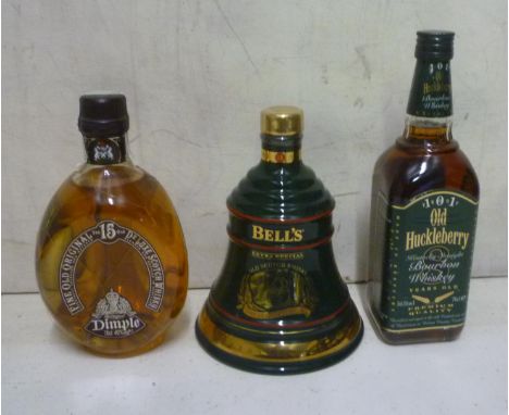 One bottle Haig's Dimple 15 year old blended (boxed), one decanter Bell's Cellarman 8 year old blended, one bottle Old Huckle