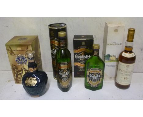 One bottle The Macallan 10 year old Single Highland Malt (purchased mid 1990s), one bottle and one 50cl Glenfiddich Single Ma