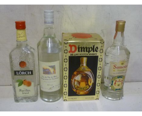 One bottle Dimple Haig Blended Scotch Whisky, boxed, one bottle Eau de Vie de Marc, one bottle Lorch Marillen Brand Apricot B