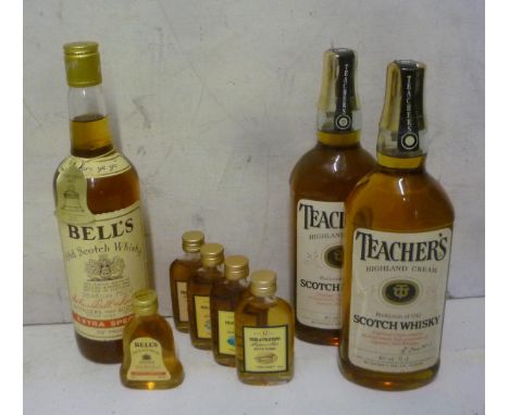 Two bottles Teacher's Scotch Whisky, one bottle Bell's Old Scotch Whisky, four Single Malt Whisky miniatures and one blended 
