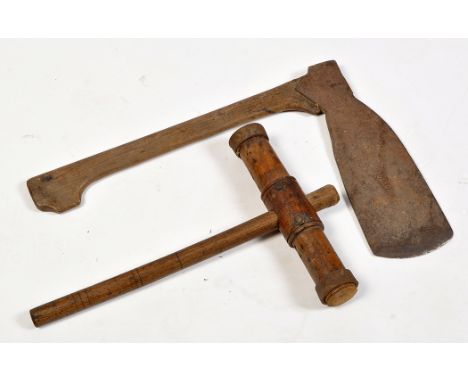 An axe, the cast iron head stamped 'Foxall', on shaped oak handle, 56cms (22in.); together with an oak mallet, the double hea