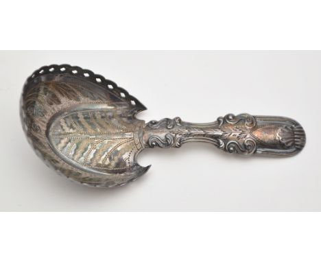 A George III silver caddy spoon, by John Bettridge, Birmingham 1817, stylized fiddle pattern, with leaf engraved bowl and pie