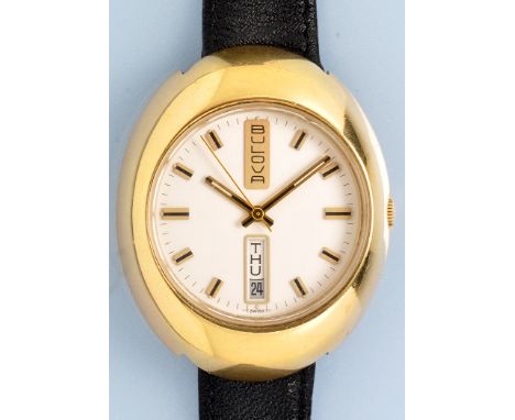 Bolova: a gentleman's automatic gold plated and stainless steel wristwatch, 1970's, the circular baton dial with sweep second