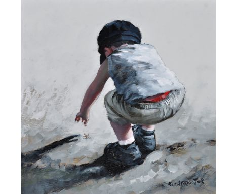 Keith Proctor(b.1961- )Boy playing with a spider,signed; signed and dated 2011 with teddy bear drawing verso,49 x 49cms; 19 1