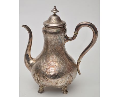 A French 950 standard coffee pot, probably late 19th Century, baluster shaped with engine turned decoration, cartouche engrav