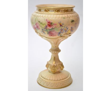 Royal Worcester blush ivory goblet-shaped vase, the body painted with flowers and insects, gilt detailing, height 24.2cm, pri