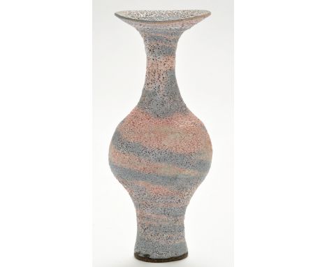 Dame Lucie Rie DBE (1902-1995), stoneware bottle vase with flaring rim, covered with a pink and grey-blue pitted glaze with c