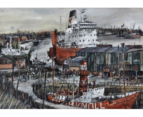 Richard Hobson(1945-2004)"Light ship 'Smith Knoll', South Shields '75",signed and dated '75; inscribed on the mount,watercolo