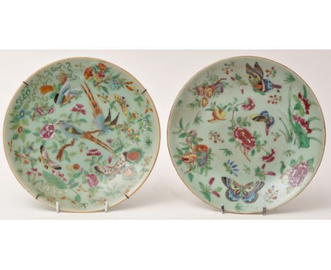 Two Chinese Celadon ground Famille Rose Canton dishes, with exotic birds and butterflies amidst flower blooms, underglaze blu