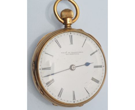 Thomas B. Cardwell, Liverpool: an 18ct. gold gentleman's crown wind open faced pocket watch, with enamelled roman dial and en