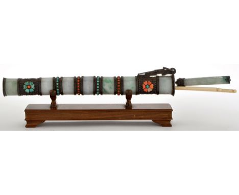 19th Century Mongolian eating knife, in carved jade, patinated metal, coral and turquoise, with ivory chopstick, the knife wi