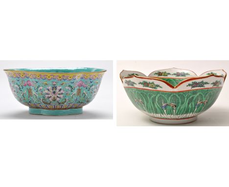 Chinese turquoise Chinese ground pentafoil lobed bowl, the exterior with lotus scrolls between hanging bats and auspicious sy