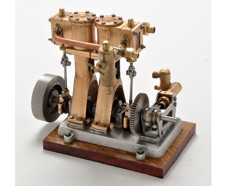 A scratch built vertical twin cylinder engine, Warrior MKI, with water pump and displacement lubricator, working model, 6in. 