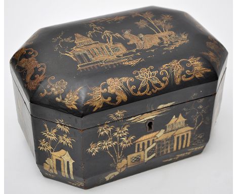 Chinese lacquered tea caddy, elongated octagonal form enclosing two shaped lead canister, length 22cm.