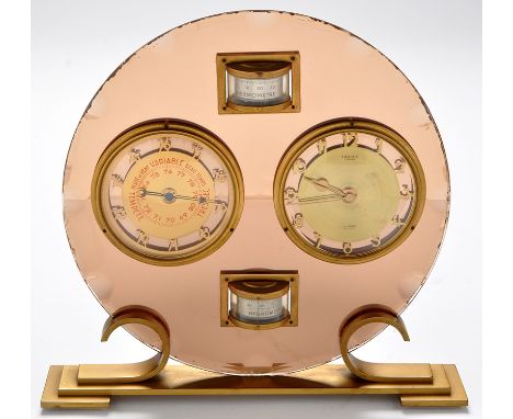 A French Art Deco combination mantel clock and thermometer, by Lancel, Paris, fitted barometer thermometer, hydrometer and cl