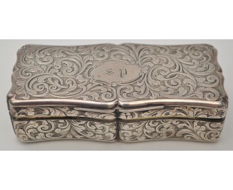 A Victorian silver snuff box, by Joseph Willmore, Birmingham 1841, shaped rectangular, profusely engraved foliated scrolls, e