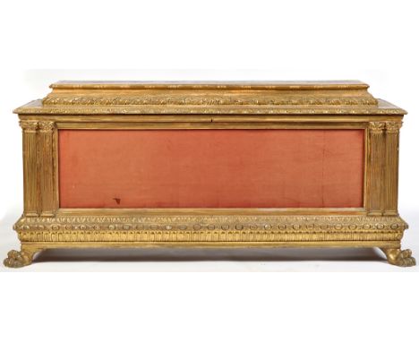 An early 19th Century Italian Renaissance revival gilt wood and gesso cassone, the caddy top decorated with military scene, p