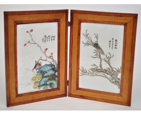 Pair of Chinese framed tile panels, painted with locust and cockroach on rockwork and leafy stems, each with inscriptions and