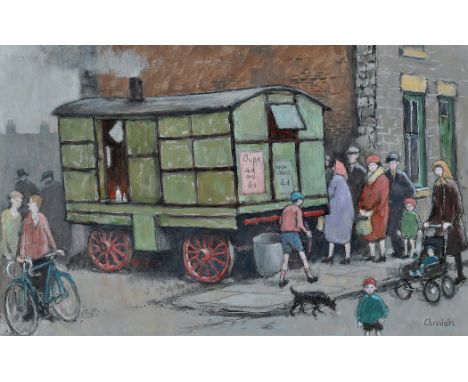 Norman Stansfield Cornish(1919-2014)Berriman's Chip Van, Spennymoor,signed,oil on board,26 x 41.5cms; 10 1/4 x 16 1/4in.NBThe