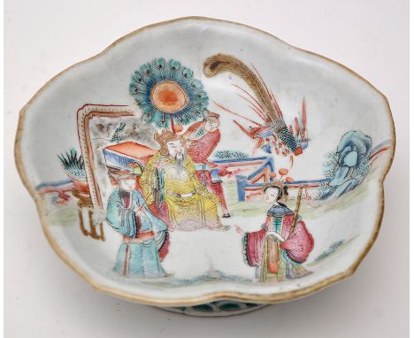 Chinese Famille Rose pentafoil footed dish, with figures and attendants within garden landscape, the base recess with seal ma