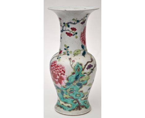 Chinese famille rose Yen Yen vase, with flowering tree peonies amidst branches and rockwork in green, turquoise, blue, auberg