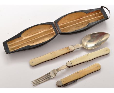 Jacob Munch: a 19th Century campaign folding knife, fork and spoon set, in fitted lined leather covered case, the implements 