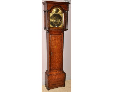 J. Hume, Durham: a 19th Century oak longcase clock, with 13in. arched brass dial with roman numerals and subsidiary seconds d