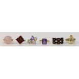 A 925 silver gilt and pink quartz ring, and five other silver and gem set rings, 28gm