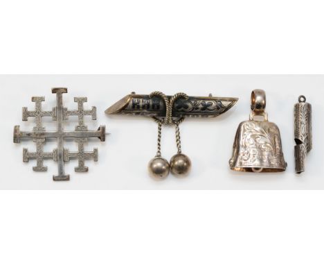 A Russian silver and niello broch, 84 standard, 58mm and silver whistle, Birmingham 1895, a bell, Birmingham ? and a brooch, 