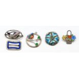 Five vintage silver and enamel brooches, 18gm