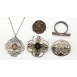 John Hart, a silver and citrine Celtic pendant, Glasgow 1964, 35mm, chain, and four other Scottish
