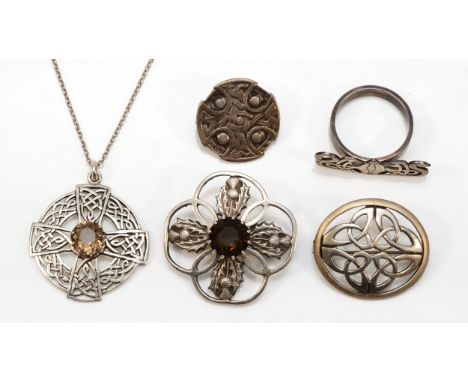 John Hart, a silver and citrine Celtic pendant, Glasgow 1964, 35mm, chain, and four other Scottish brooches, 49gm