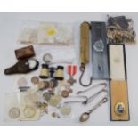 A quantity of costume jewellery, a pair of brass scales and a tortoiseshell snuff box