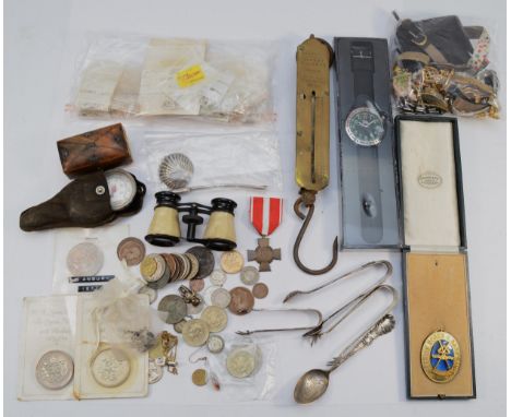 A quantity of costume jewellery, a pair of brass scales and a tortoiseshell snuff box