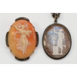 A silver and marcasite mounted shell cameo of an angel, 45mm and a silver mounted butterfly wing