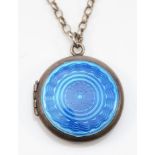 An unmarked silver and enamel locket pendant, 25mm, chain, 17gm