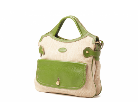 A TODS VINTAGE LEATHER AND CANVAS TOTE BAG Olive green and beige with gold-tone hardware, with original dust bag TODS 33cm wi