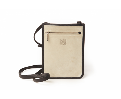 A LOEWE SUEDE AND LEATHER CROSS BODY BAG Front panel in a light grey suede  Trim, strap and back panel in a soft black leathe