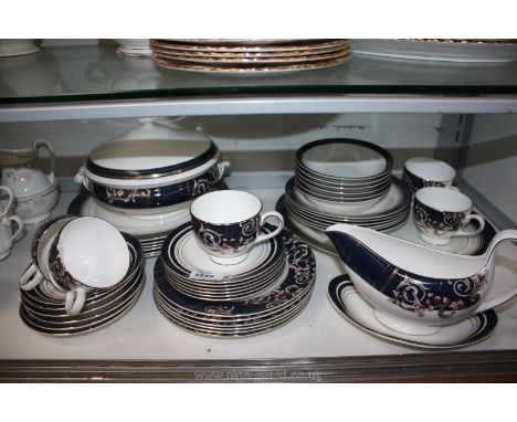A Wedgwood 'Renaissance' blue part Dinner and Tea Service including meat plate, dinner plates, vegetable dish, gravy boat, cu