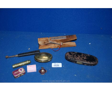 A small box containing Victorian pocket balance scales, brass tobacco box to J. Parsons 1911, Wellington, etc 
