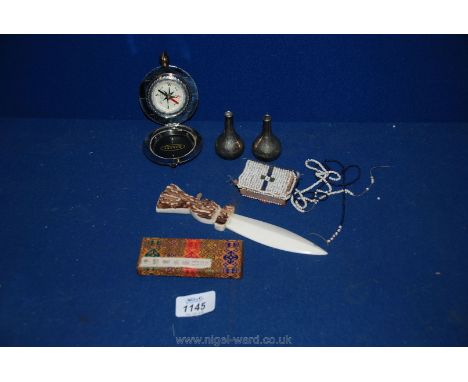 A Dalvey compass, antler penknife, beaded matchbox, etc