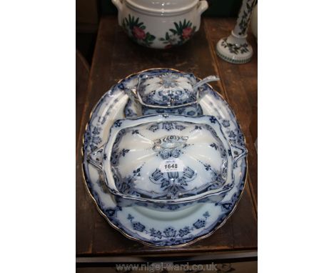 A 'Bell' serve ware blue and white large meat plate, tureen and small sauce tureen with ladle