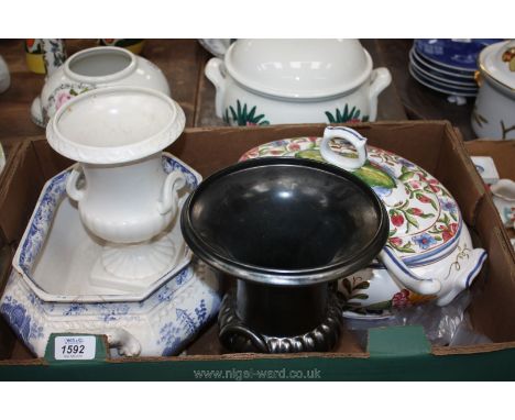 A Beswick pewter colour Urn shaped Vase, a Continental lidded soup tureen with ladle, a Chinese blue and white two handled tu