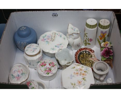 A box of china including Aynsley trinket boxes, owl trinket pot, London pottery ashtray, Coalport bell, etc.