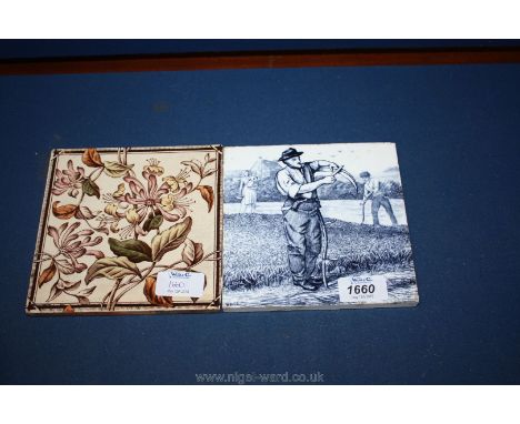 An old blue and white Minton Tile depicting a farmer sharpening a scythe, signed W. Wise, 6" square together with a Victorian