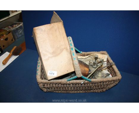 A 1950's Shopping Basket of vintage brass incluidng scales, paint spray, etc.