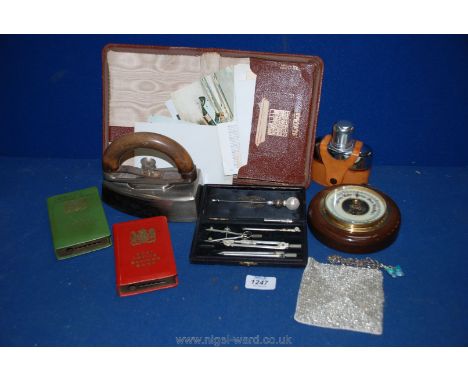 A quantity of miscellanea to include barometer, drawing set, iron, etc.