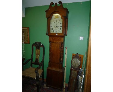 A Georgian Oak Longcase Clock, swan pediment hood with turned and fluted columns, painted Roman numeral face, W. Davies, Weob