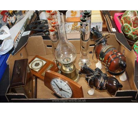 A box of miscellaneous including two large Galileo thermometers, a brass lamp, a wooden barometer, a Metamec wooden clock and