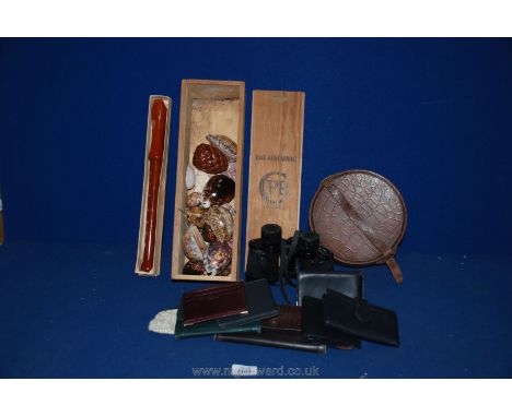 A quantity of miscellanea including Binoculars, Johannes Alder Recorder, wallets, purses, collar box and a seashell collectio